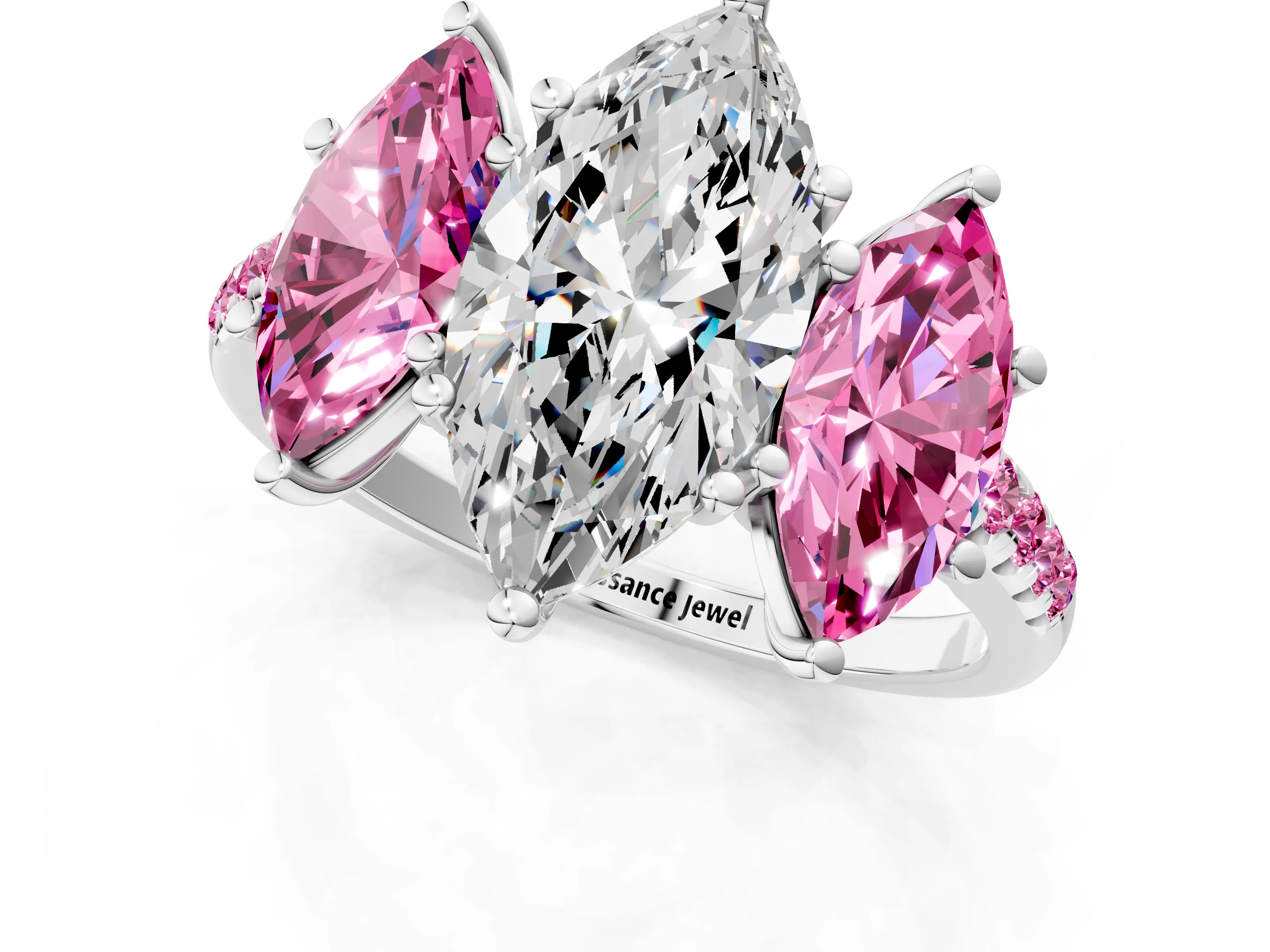 White gold Three-Stone Marquise Cut Diamond Ring with Round with Pink Sapphire side stone Pavé Band and Prong Setting_1