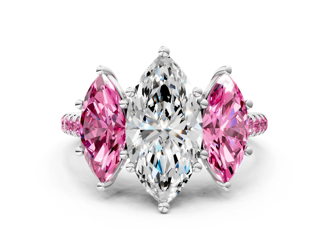 White gold Three-Stone Marquise Cut Diamond Ring with Round with Pink Sapphire side stone Pavé Band and Prong Setting_12