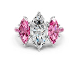White gold Three-Stone Marquise Cut Diamond Ring with Round with Pink Sapphire side stone Pavé Band and Prong Setting_12