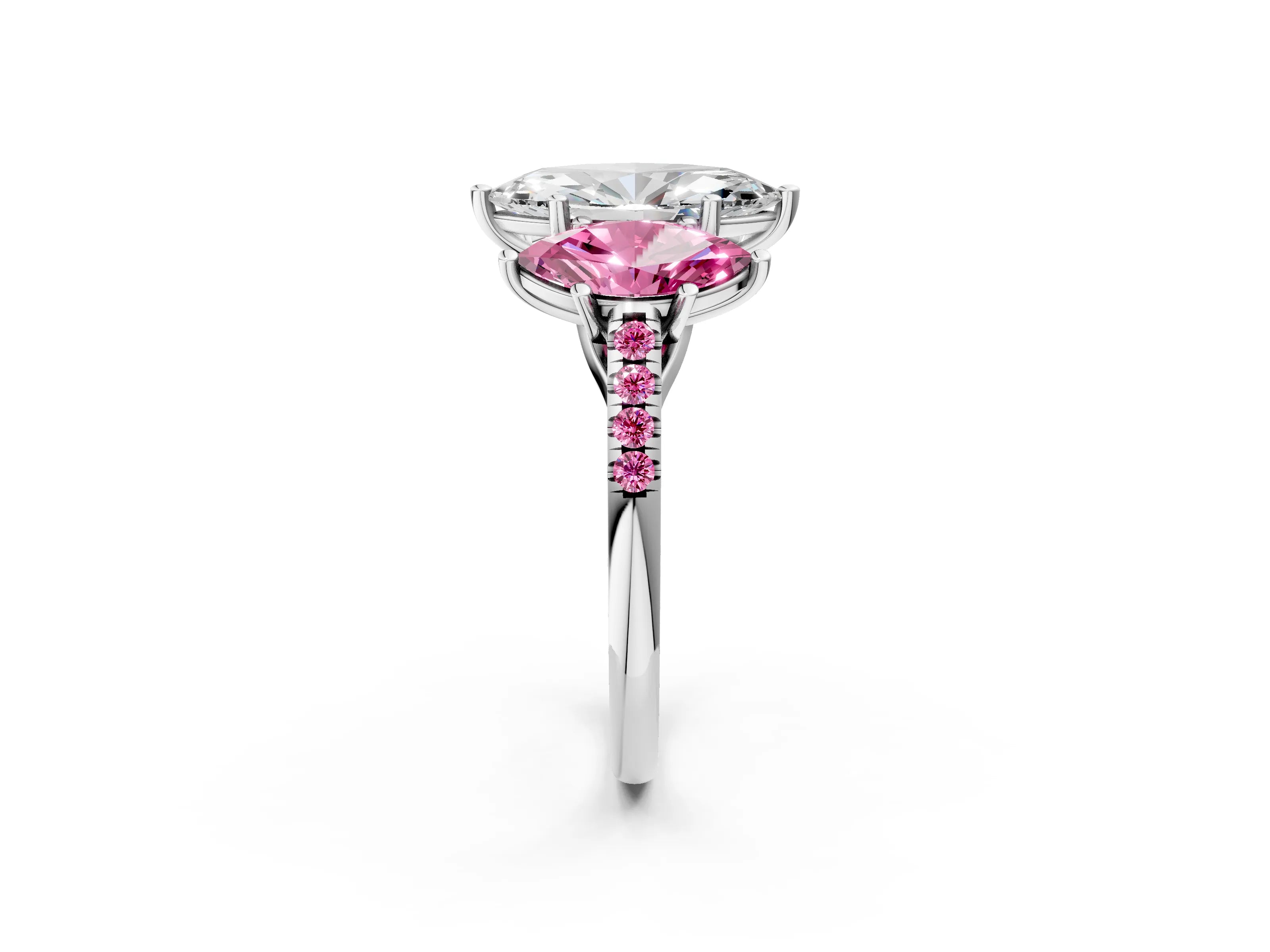 White gold Three-Stone Marquise Cut Diamond Ring with Round with Pink Sapphire side stone Pavé Band and Prong Setting_2