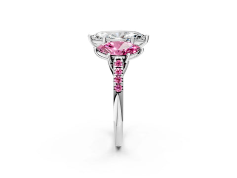 White gold Three-Stone Marquise Cut Diamond Ring with Round with Pink Sapphire side stone Pavé Band and Prong Setting_2