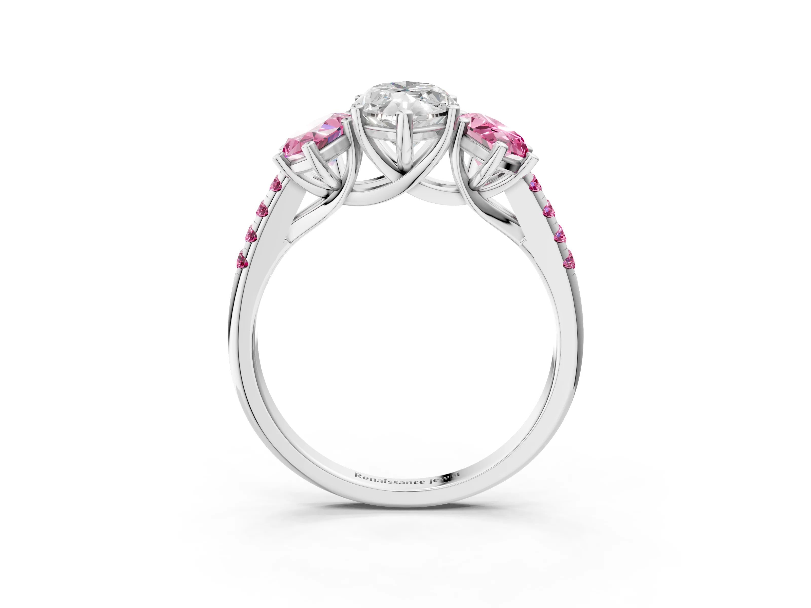 White gold Three-Stone Marquise Cut Diamond Ring with Round with Pink Sapphire side stone Pavé Band and Prong Setting_3