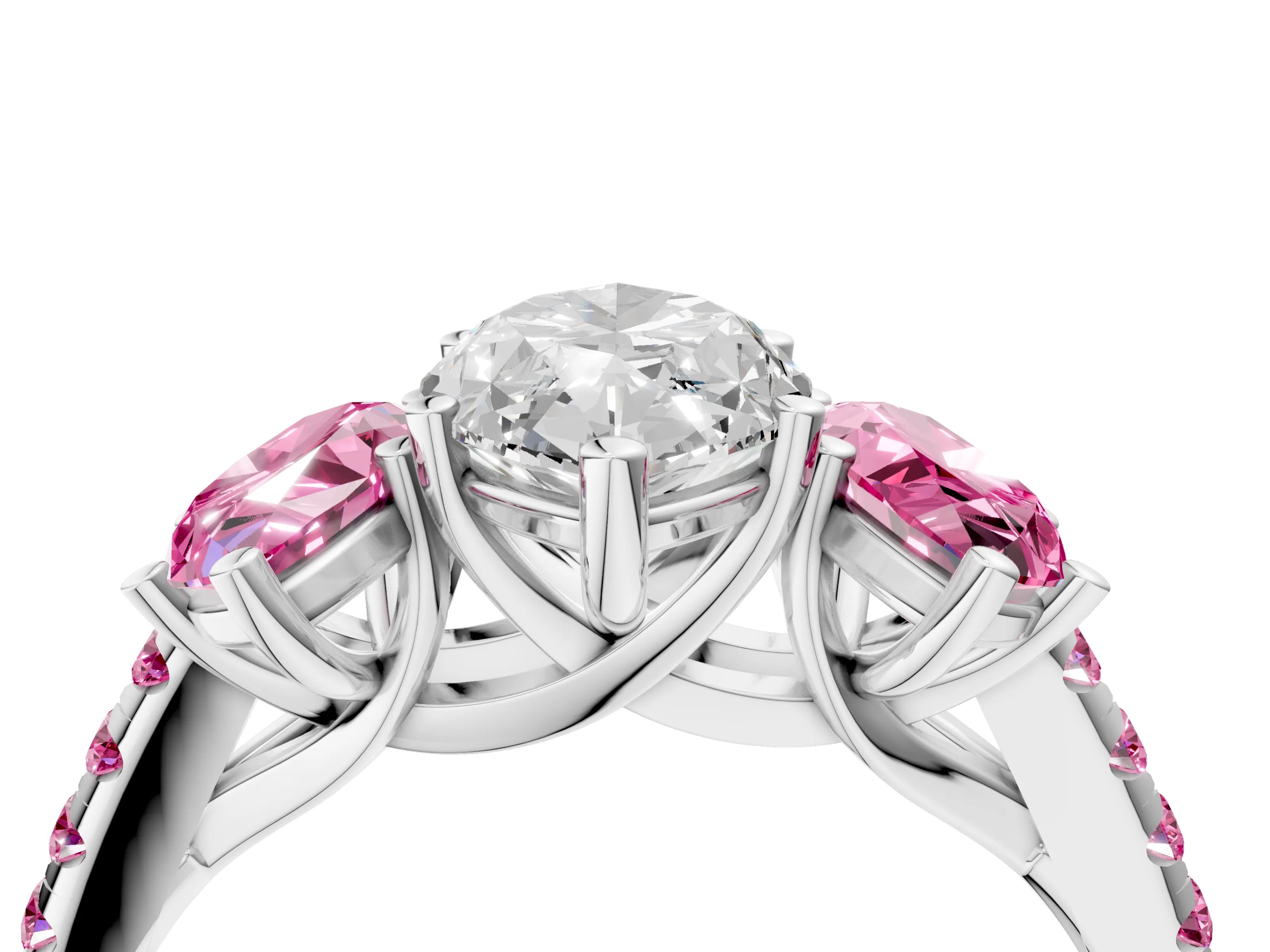 White gold Three-Stone Marquise Cut Diamond Ring with Round with Pink Sapphire side stone Pavé Band and Prong Setting_4