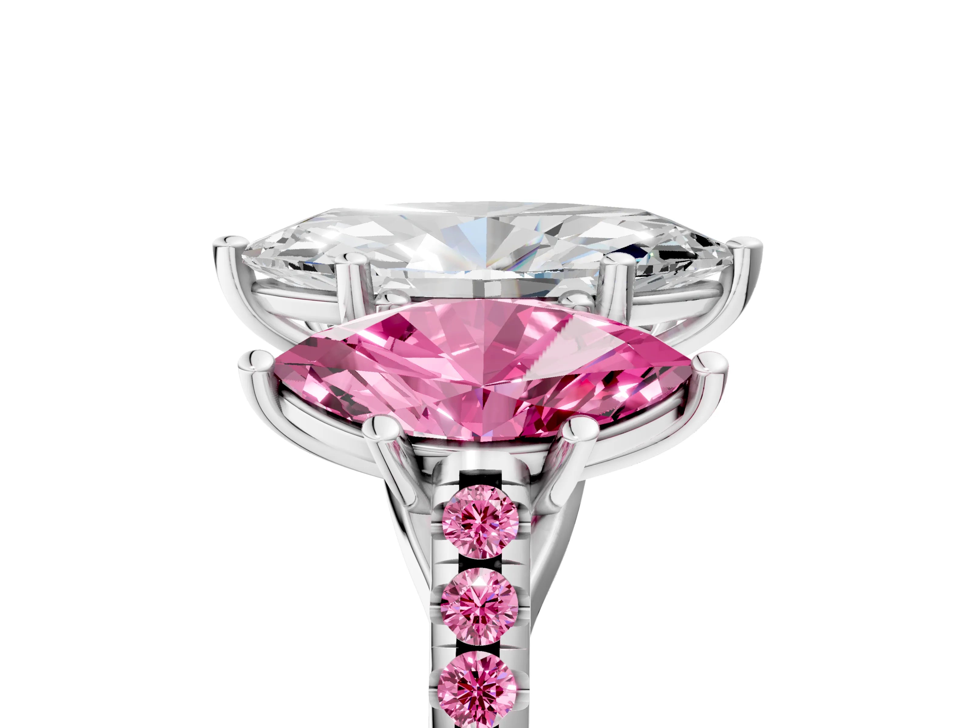 White gold Three-Stone Marquise Cut Diamond Ring with Round with Pink Sapphire side stone Pavé Band and Prong Setting_5