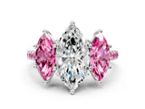 White gold Three-Stone Marquise Cut Diamond Ring with Round with Pink Sapphire side stone Pavé Band and Prong Setting