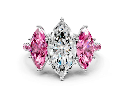 White gold Three-Stone Marquise Cut Diamond Ring with Round with Pink Sapphire side stone Pavé Band and Prong Setting