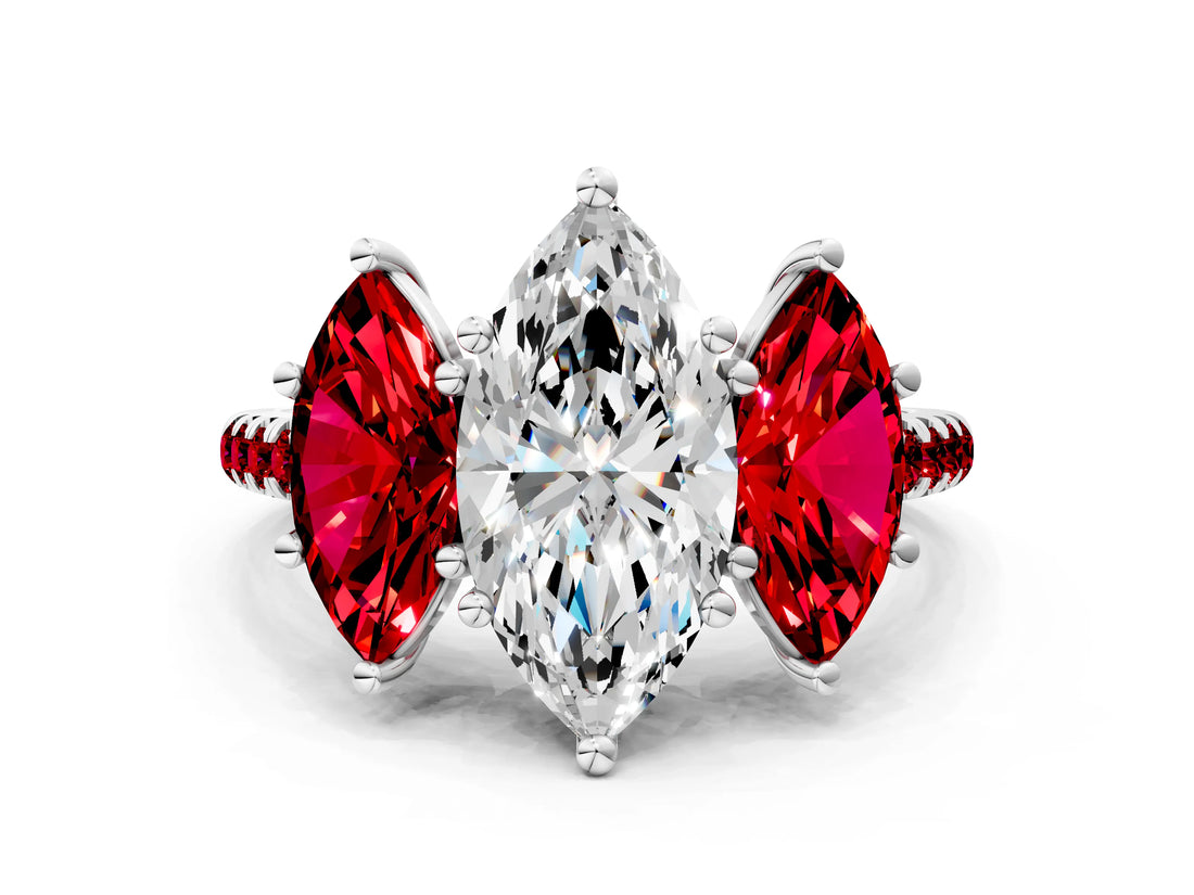 White gold Three-Stone Marquise Cut Diamond Ring with Round with Ruby side stone Pavé Band and Prong Setting