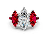 White gold Three-Stone Marquise Cut Diamond Ring with Round with Ruby side stone Pavé Band and Prong Setting