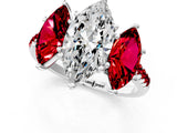 White gold Three-Stone Marquise Cut Diamond Ring with Round with Ruby side stone Pavé Band and Prong Setting_1