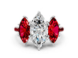 White gold Three-Stone Marquise Cut Diamond Ring with Round with Ruby side stone Pavé Band and Prong Setting_12