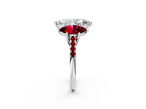 White gold Three-Stone Marquise Cut Diamond Ring with Round with Ruby side stone Pavé Band and Prong Setting_2