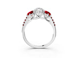 White gold Three-Stone Marquise Cut Diamond Ring with Round with Ruby side stone Pavé Band and Prong Setting_3