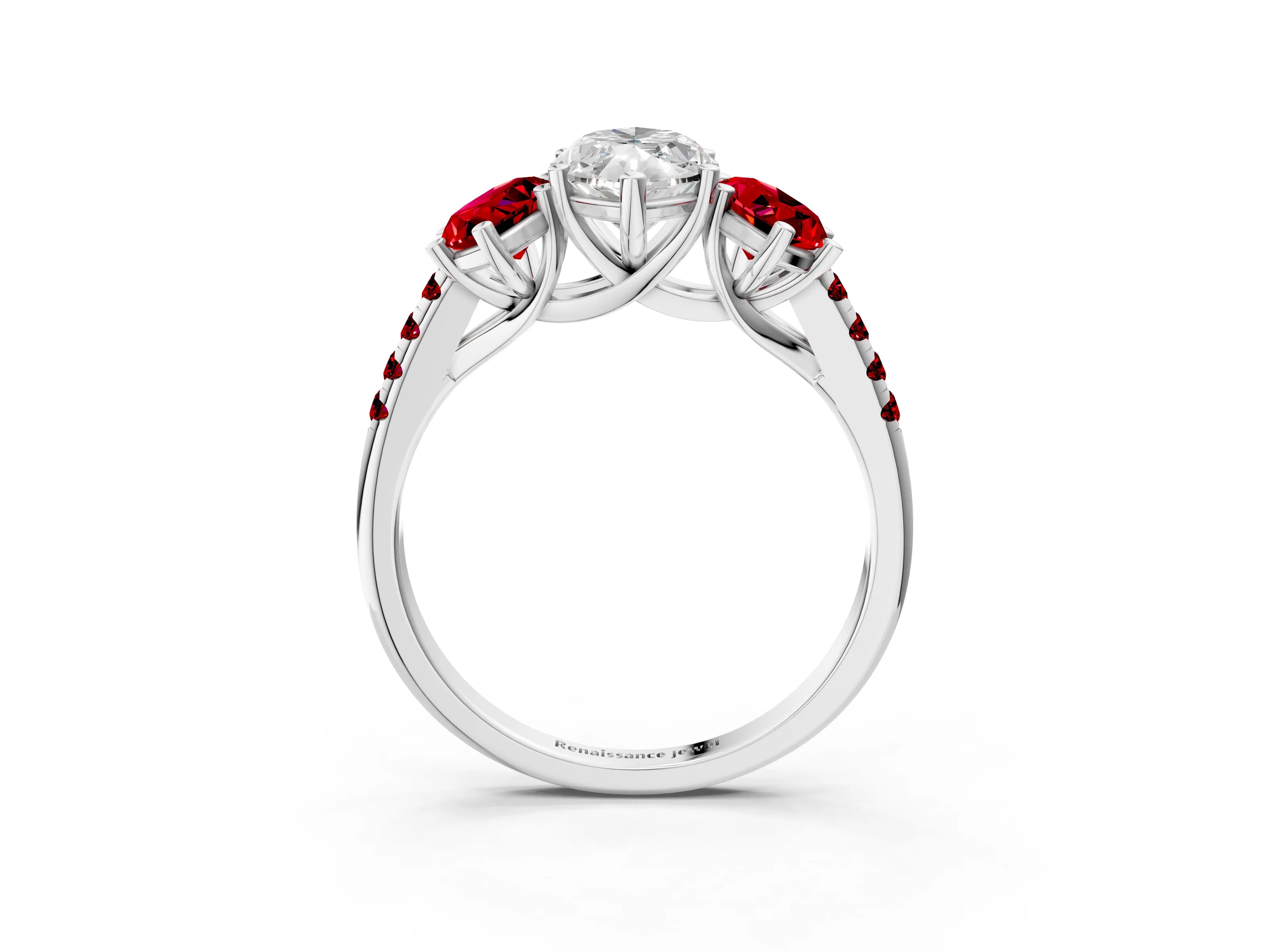 White gold Three-Stone Marquise Cut Diamond Ring with Round with Ruby side stone Pavé Band and Prong Setting_3