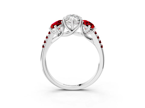 White gold Three-Stone Marquise Cut Diamond Ring with Round with Ruby side stone Pavé Band and Prong Setting_3