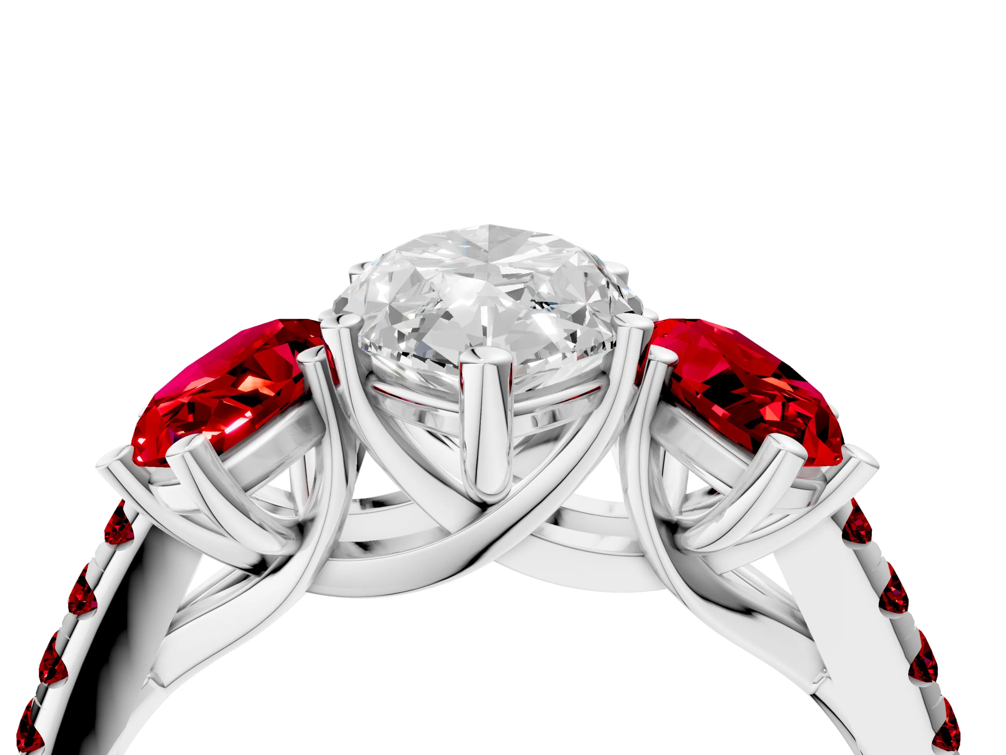 White gold Three-Stone Marquise Cut Diamond Ring with Round with Ruby side stone Pavé Band and Prong Setting_4