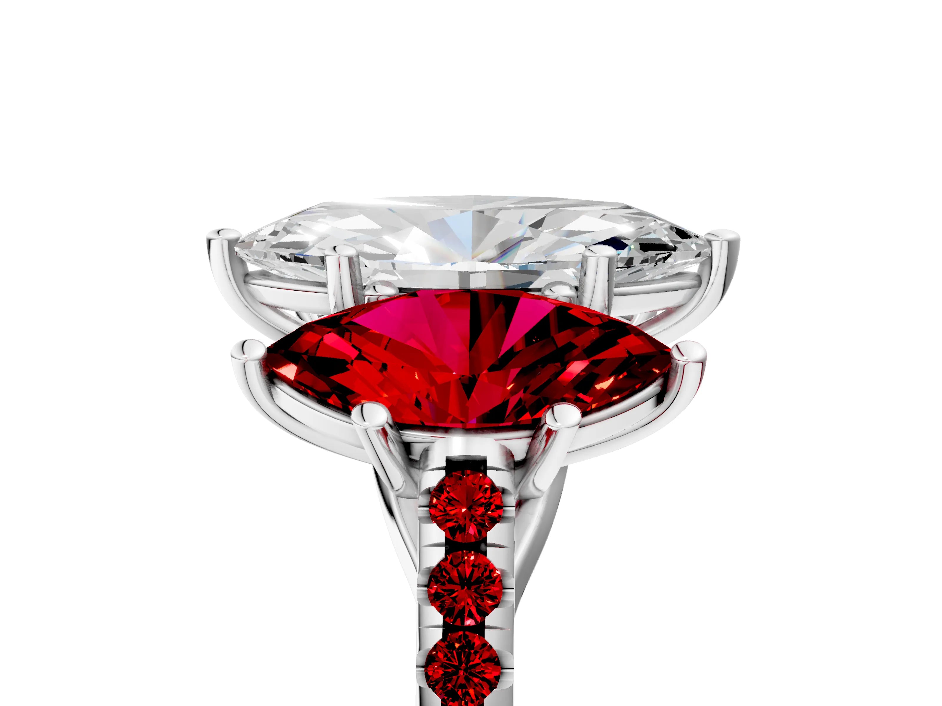 White gold Three-Stone Marquise Cut Diamond Ring with Round with Ruby side stone Pavé Band and Prong Setting_5
