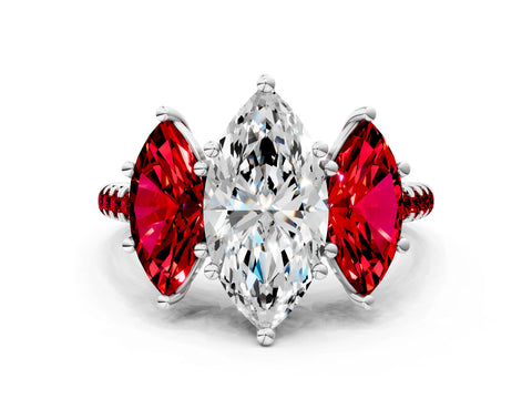 White gold Three-Stone Marquise Cut Diamond Ring with Round with Ruby side stone Pavé Band and Prong Setting