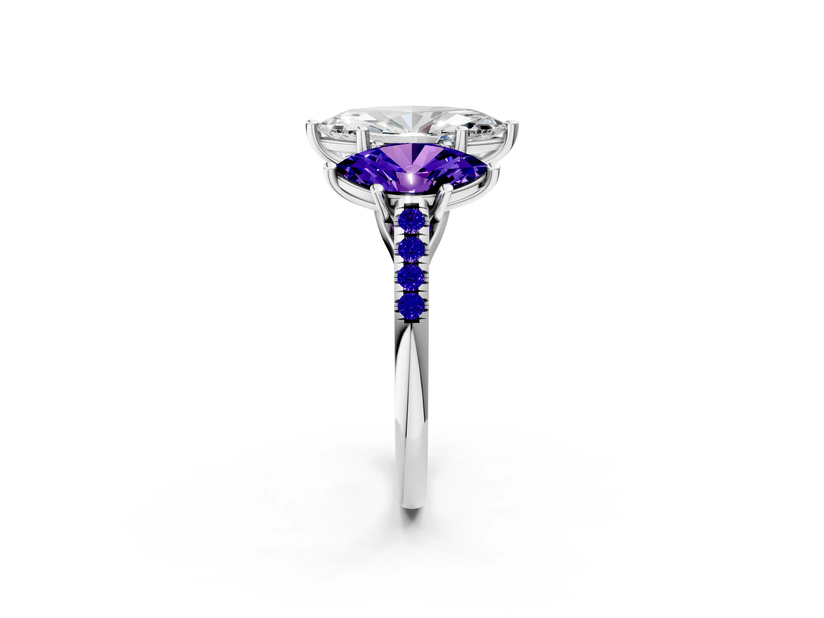 White gold Three-Stone Marquise Cut Diamond Ring with Round with Tanzanite side stone Pavé Band and Prong Setting_2