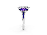 White gold Three-Stone Marquise Cut Diamond Ring with Round with Tanzanite side stone Pavé Band and Prong Setting_2
