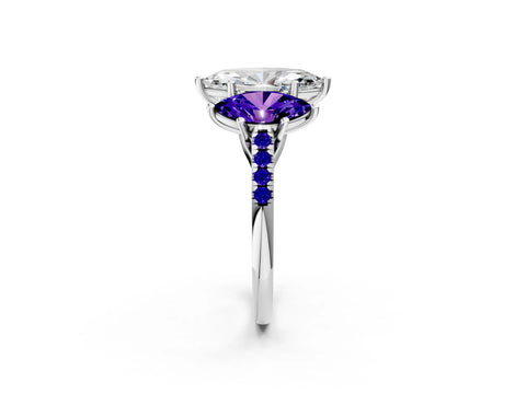 White gold Three-Stone Marquise Cut Diamond Ring with Round with Tanzanite side stone Pavé Band and Prong Setting_2