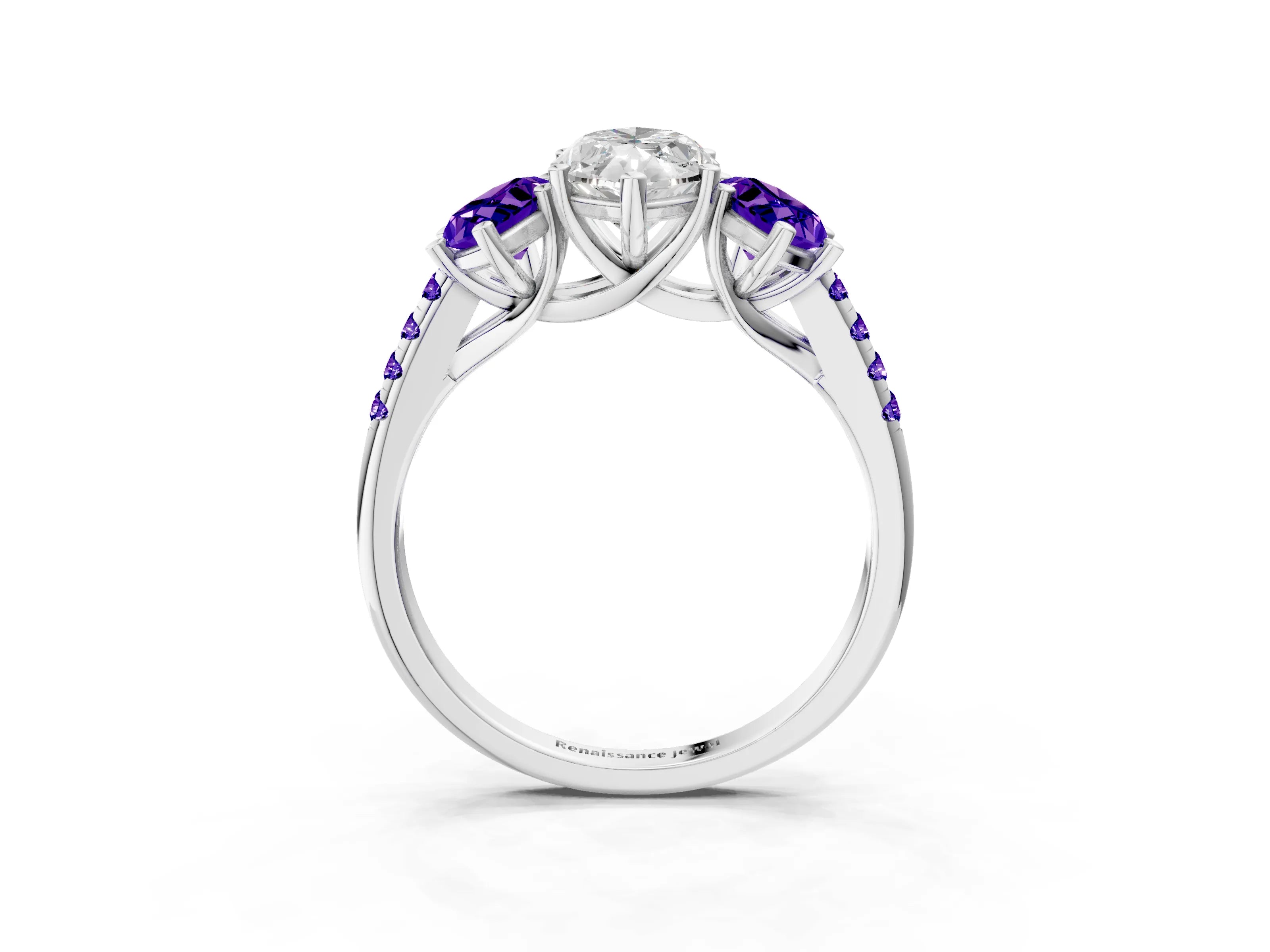 White gold Three-Stone Marquise Cut Diamond Ring with Round with Tanzanite side stone Pavé Band and Prong Setting_3