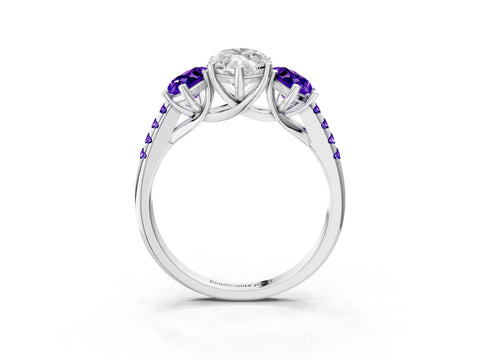 White gold Three-Stone Marquise Cut Diamond Ring with Round with Tanzanite side stone Pavé Band and Prong Setting_3