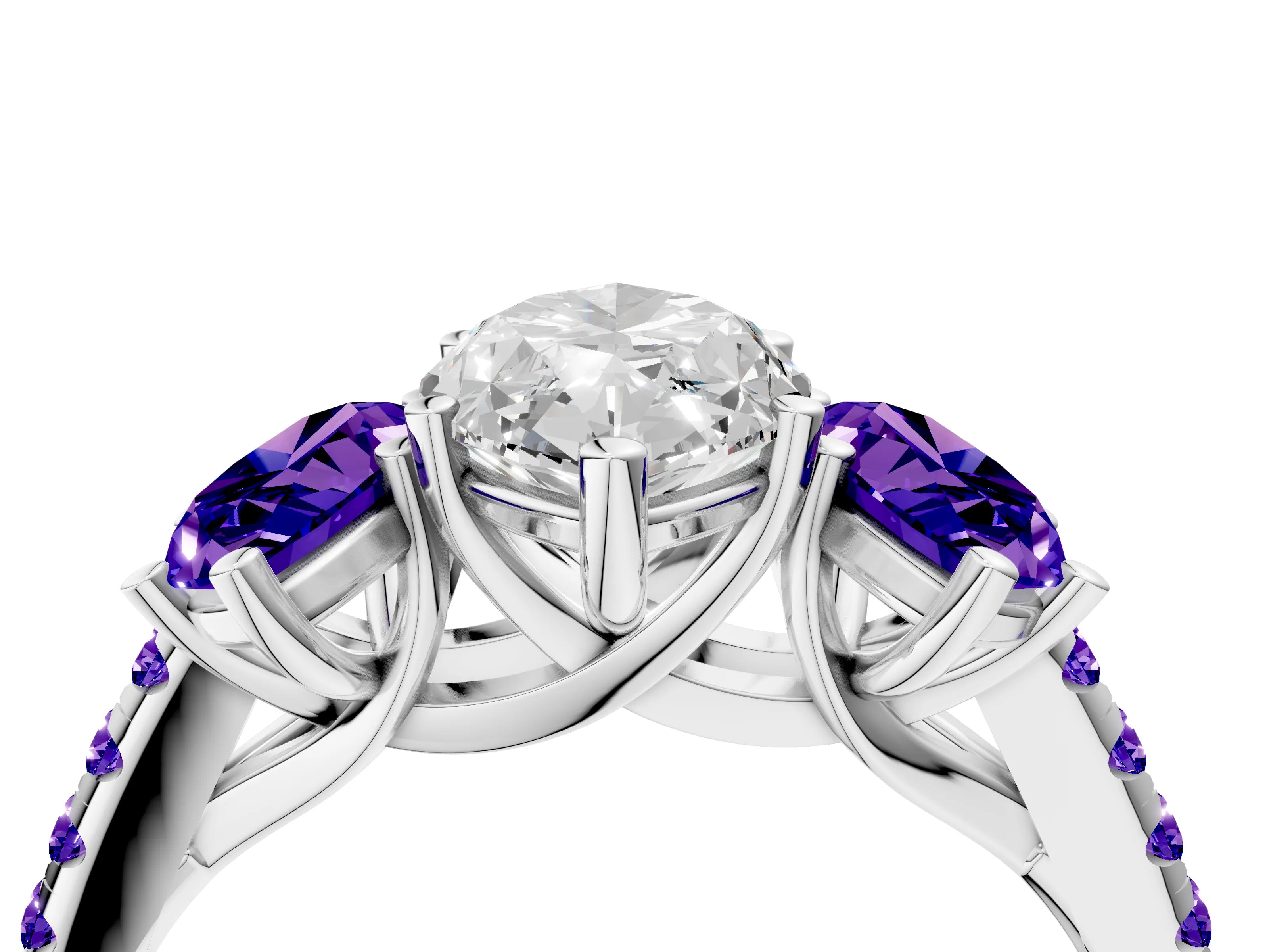 White gold Three-Stone Marquise Cut Diamond Ring with Round with Tanzanite side stone Pavé Band and Prong Setting_4
