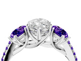 White gold Three-Stone Marquise Cut Diamond Ring with Round with Tanzanite side stone Pavé Band and Prong Setting_4