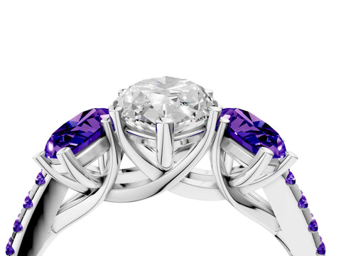 White gold Three-Stone Marquise Cut Diamond Ring with Round with Tanzanite side stone Pavé Band and Prong Setting_4
