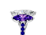 White gold Three-Stone Marquise Cut Diamond Ring with Round with Tanzanite side stone Pavé Band and Prong Setting_5