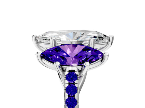 White gold Three-Stone Marquise Cut Diamond Ring with Round with Tanzanite side stone Pavé Band and Prong Setting_5