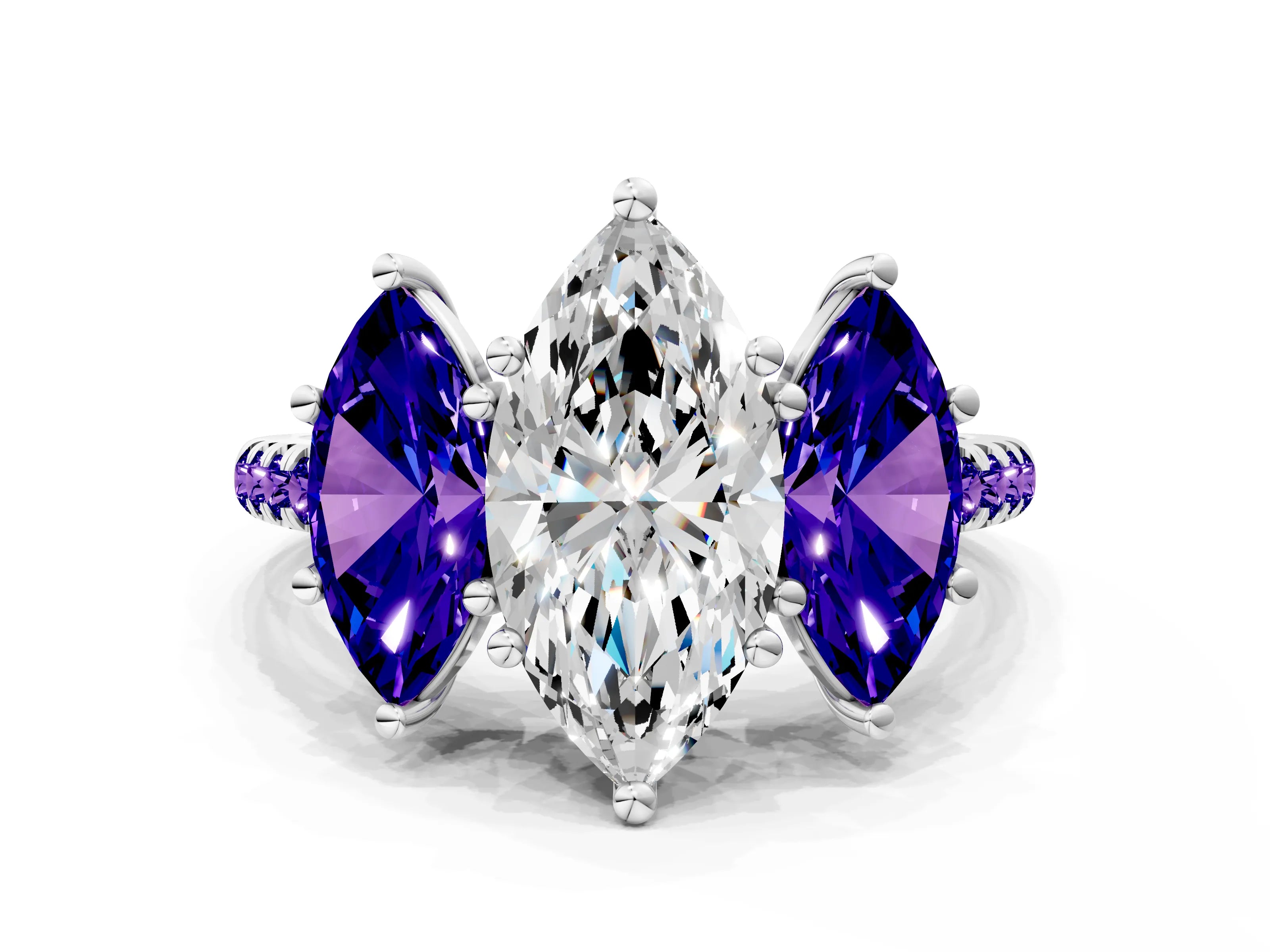 White gold Three-Stone Marquise Cut Diamond Ring with Round with Tanzanite side stone Pavé Band and Prong Setting
