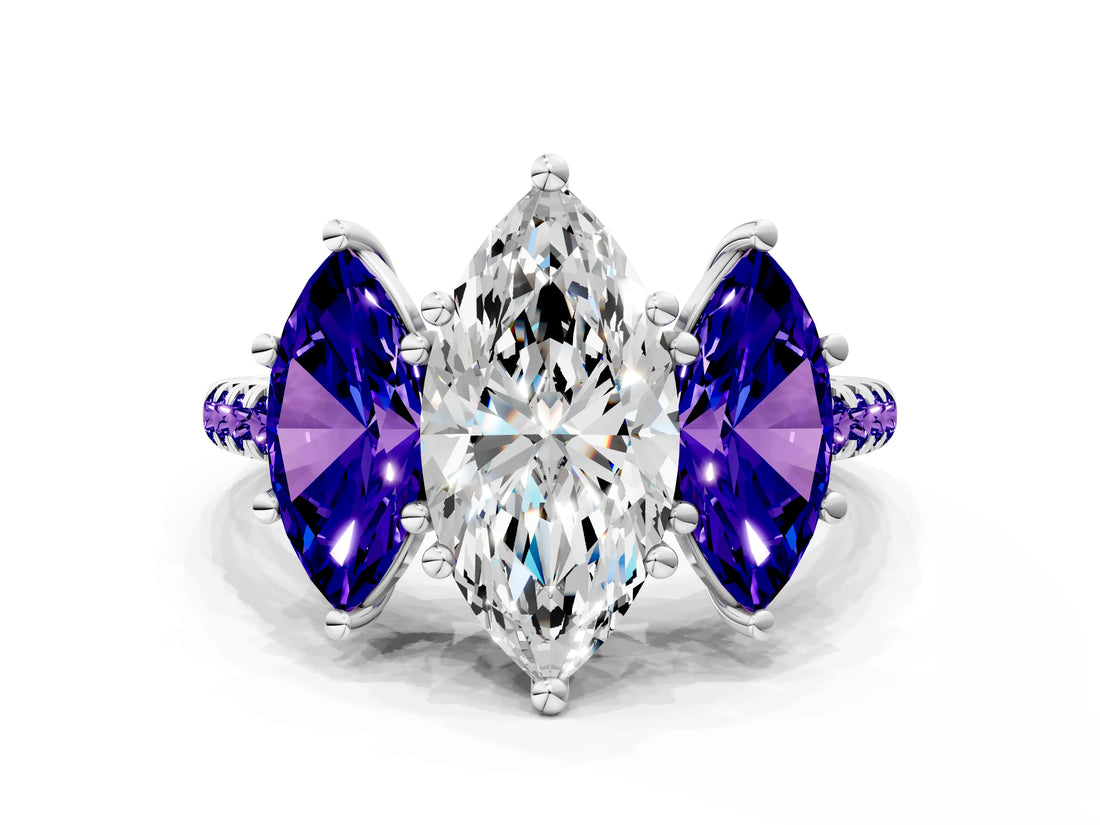 White gold Three-Stone Marquise Cut Diamond Ring with Round with Tanzanite side stone Pavé Band and Prong Setting