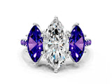 White gold Three-Stone Marquise Cut Diamond Ring with Round with Tanzanite side stone Pavé Band and Prong Setting
