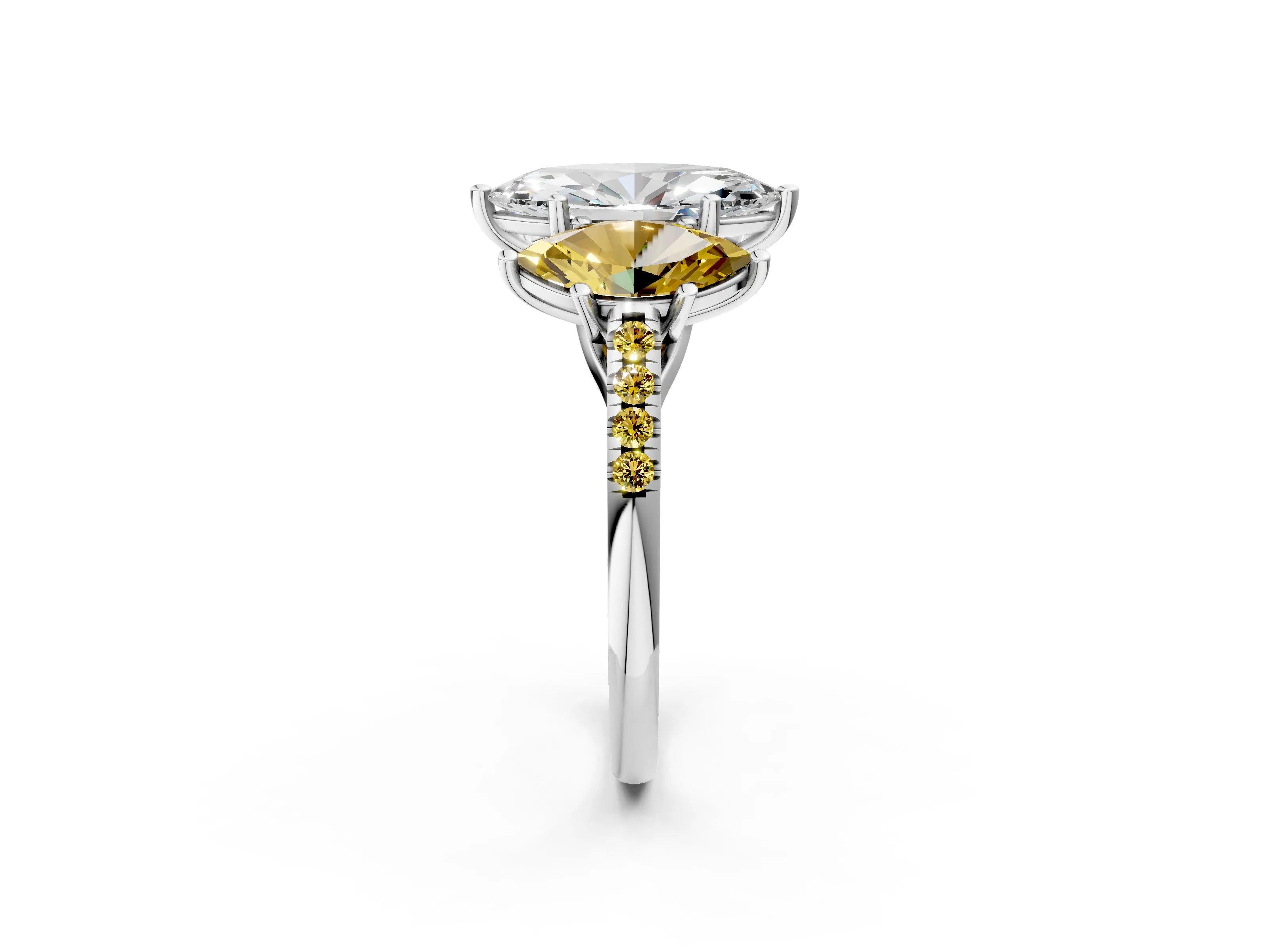 White gold Three-Stone Marquise Cut Diamond Ring with Round with Yellow Sapphire side stone Pavé Band and Prong Setting_2