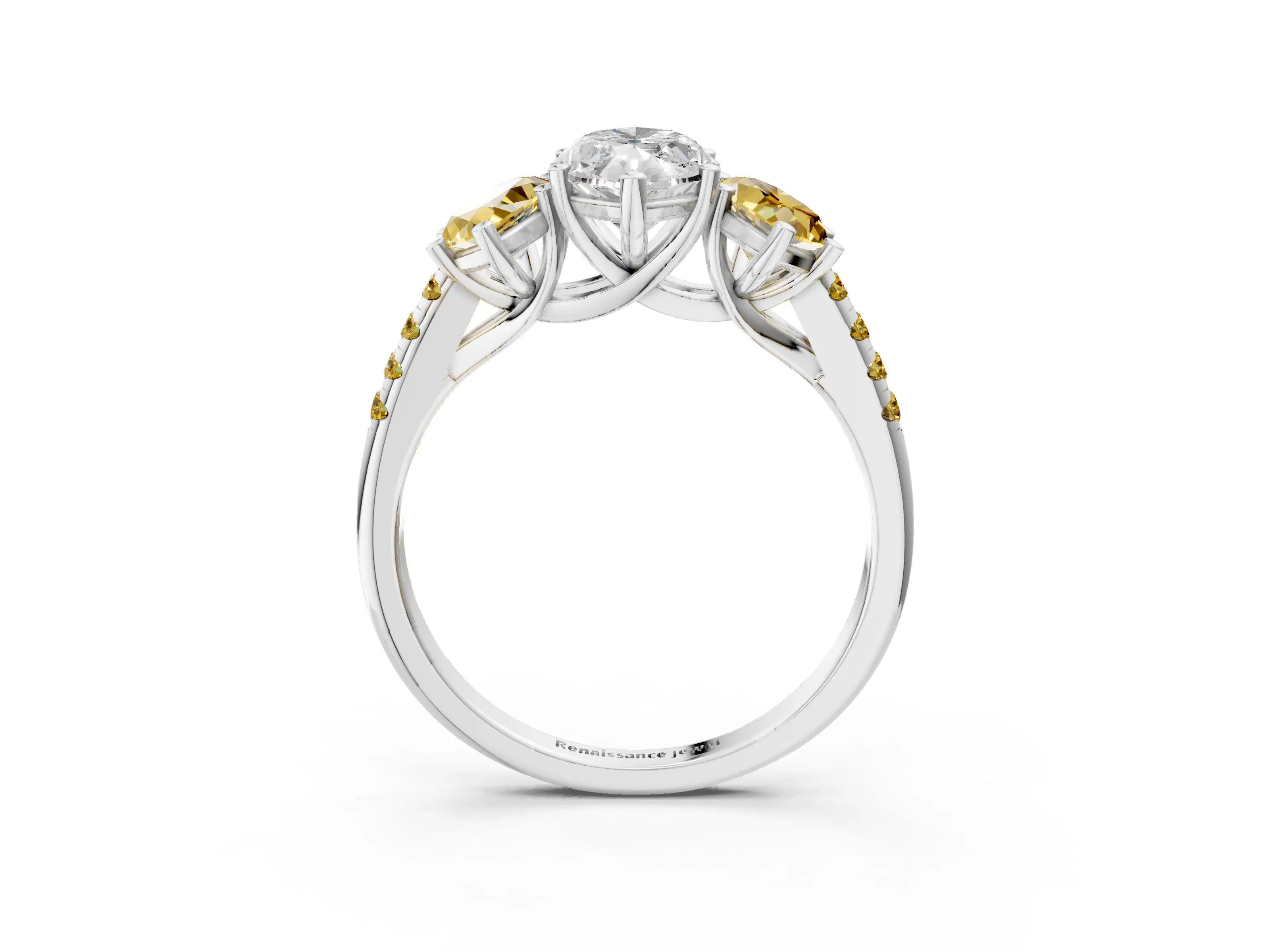 White gold Three-Stone Marquise Cut Diamond Ring with Round with Yellow Sapphire side stone Pavé Band and Prong Setting_3