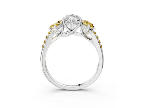 White gold Three-Stone Marquise Cut Diamond Ring with Round with Yellow Sapphire side stone Pavé Band and Prong Setting_3