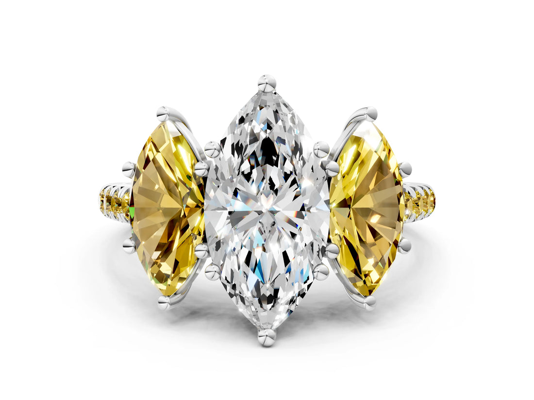 White gold Three-Stone Marquise Cut Diamond Ring with Round with Yellow Sapphire side stone Pavé Band and Prong Setting