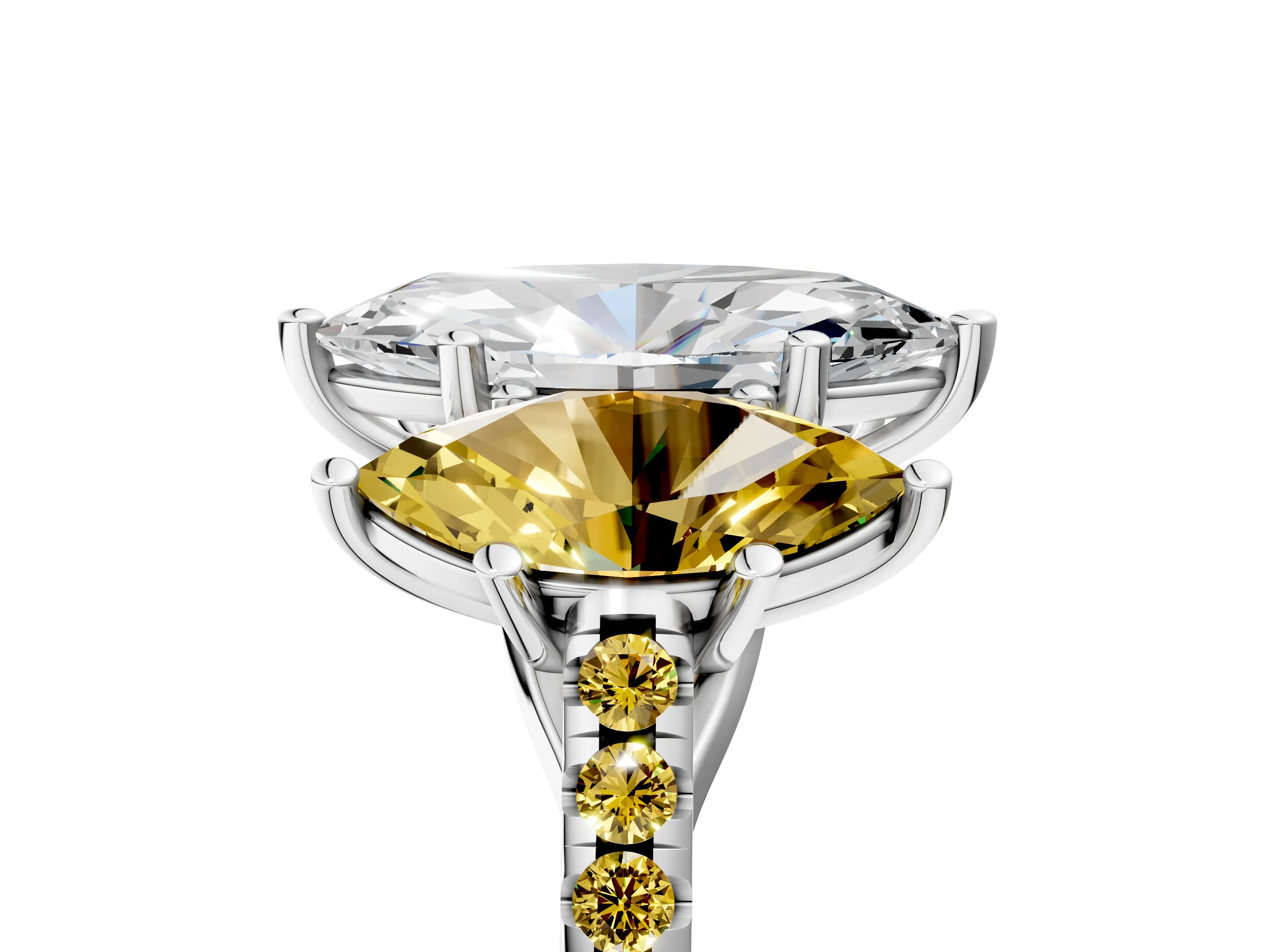 White gold Three-Stone Marquise Cut Diamond Ring with Round with Yellow Sapphire side stone Pavé Band and Prong Setting_5