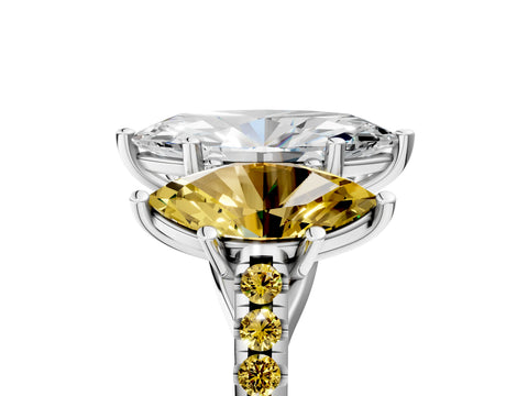 White gold Three-Stone Marquise Cut Diamond Ring with Round with Yellow Sapphire side stone Pavé Band and Prong Setting_5