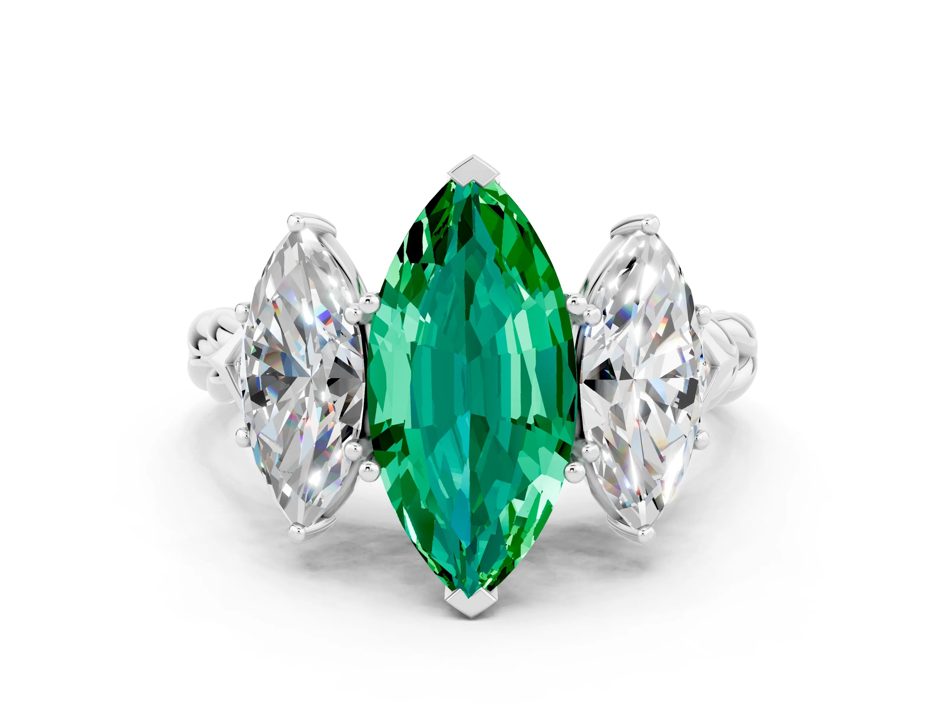White gold Three-Stone Marquise Cut Emerald Braided Band Ring with Four-Prong Setting_12