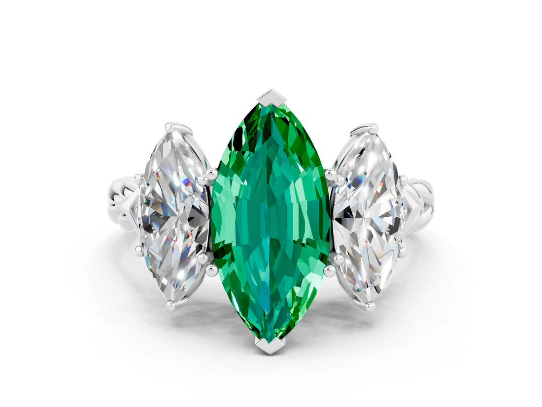 White gold Three-Stone Marquise Cut Emerald Braided Band Ring with Four-Prong Setting_12