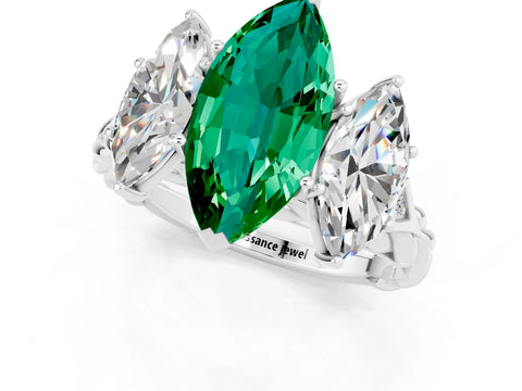 White gold Three-Stone Marquise Cut Emerald Braided Band Ring with Four-Prong Setting_13