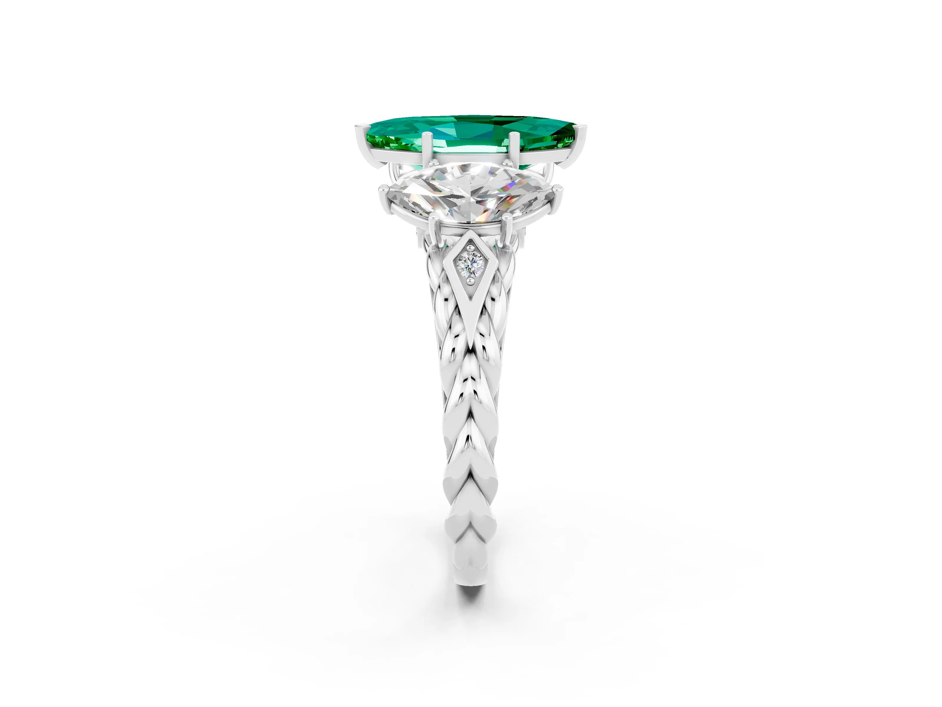 White gold Three-Stone Marquise Cut Emerald Braided Band Ring with Four-Prong Setting_14