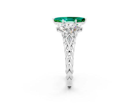 White gold Three-Stone Marquise Cut Emerald Braided Band Ring with Four-Prong Setting_14