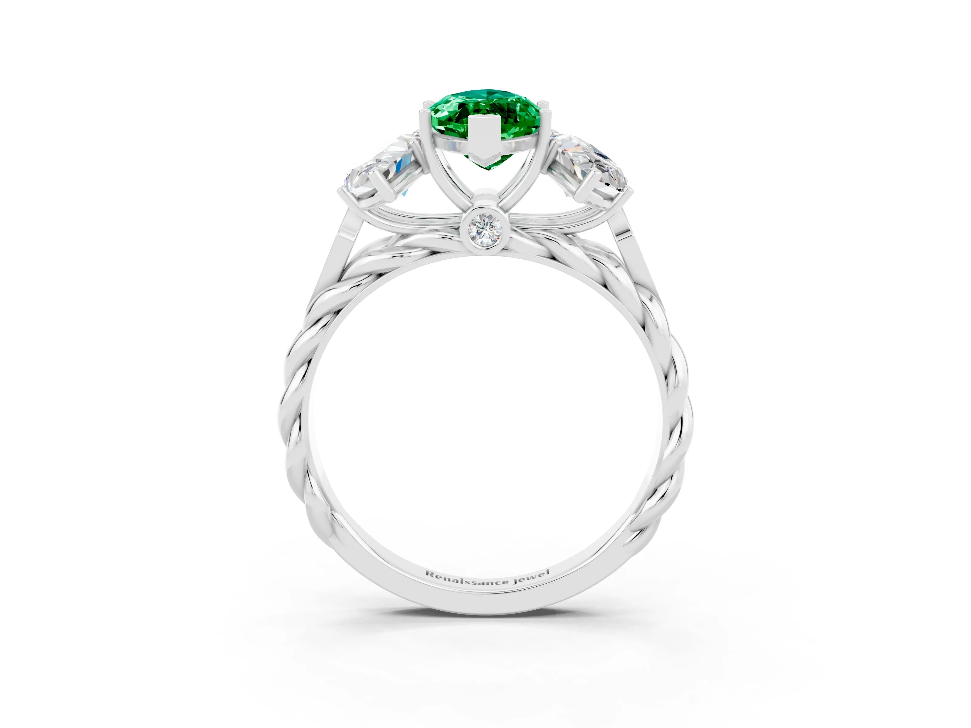 White gold Three-Stone Marquise Cut Emerald Braided Band Ring with Four-Prong Setting_15
