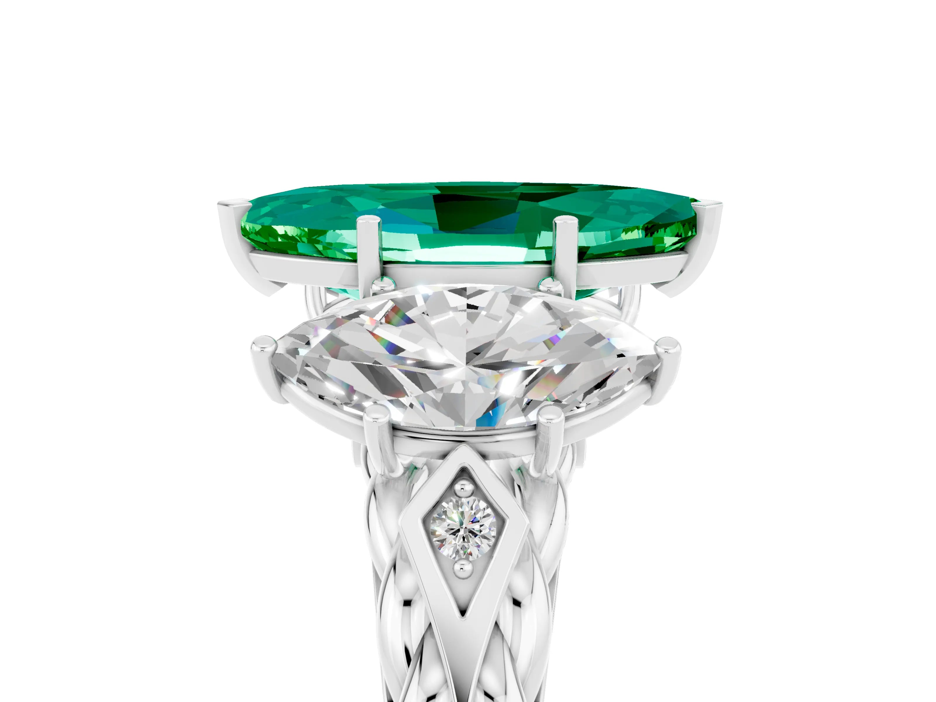 White gold Three-Stone Marquise Cut Emerald Braided Band Ring with Four-Prong Setting_17