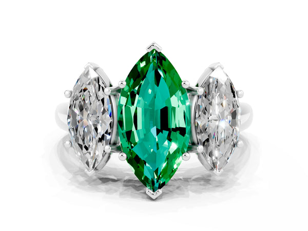 Platinum Three-Stone Marquise Cut Emerald Engagement Ring with Prong Setting