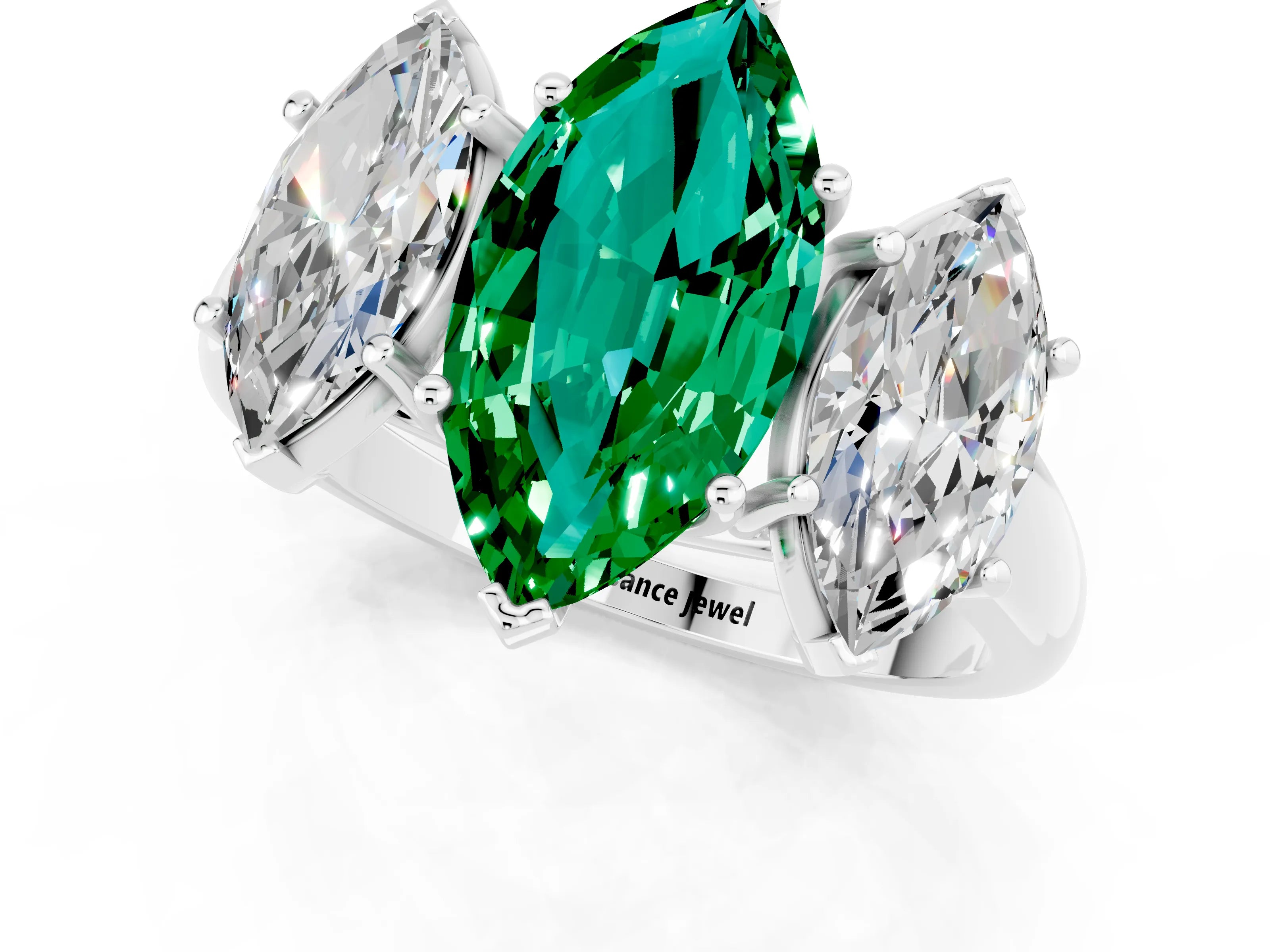 White gold Three-Stone Marquise Cut Emerald Engagement Ring with Prong Setting_1