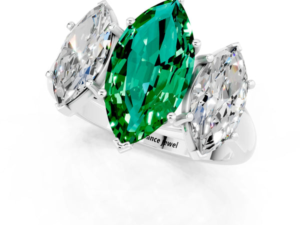 Silver Three-Stone Marquise Cut Emerald Engagement Ring with Prong Setting